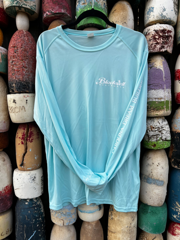 Men's Long Sleeve Performance Tee - Aqua Blue with White Logo - Sleeve Preview