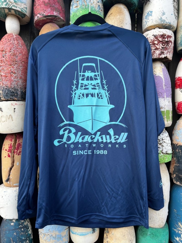 Men's Long Sleeve Performance Tee - Navy Blue with Turquoise Logo - Back