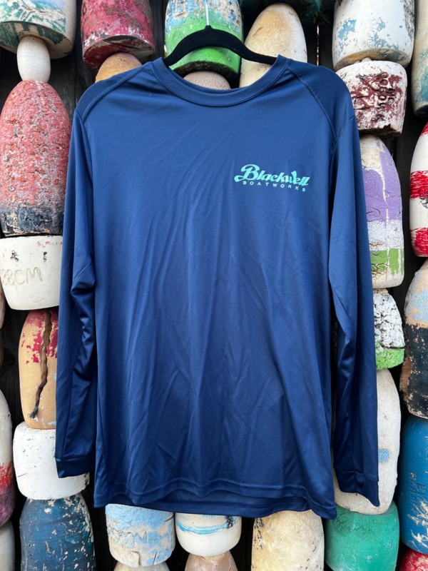 Men's Long Sleeve Performance Tee - Navy Blue with Turquoise Logo - Front